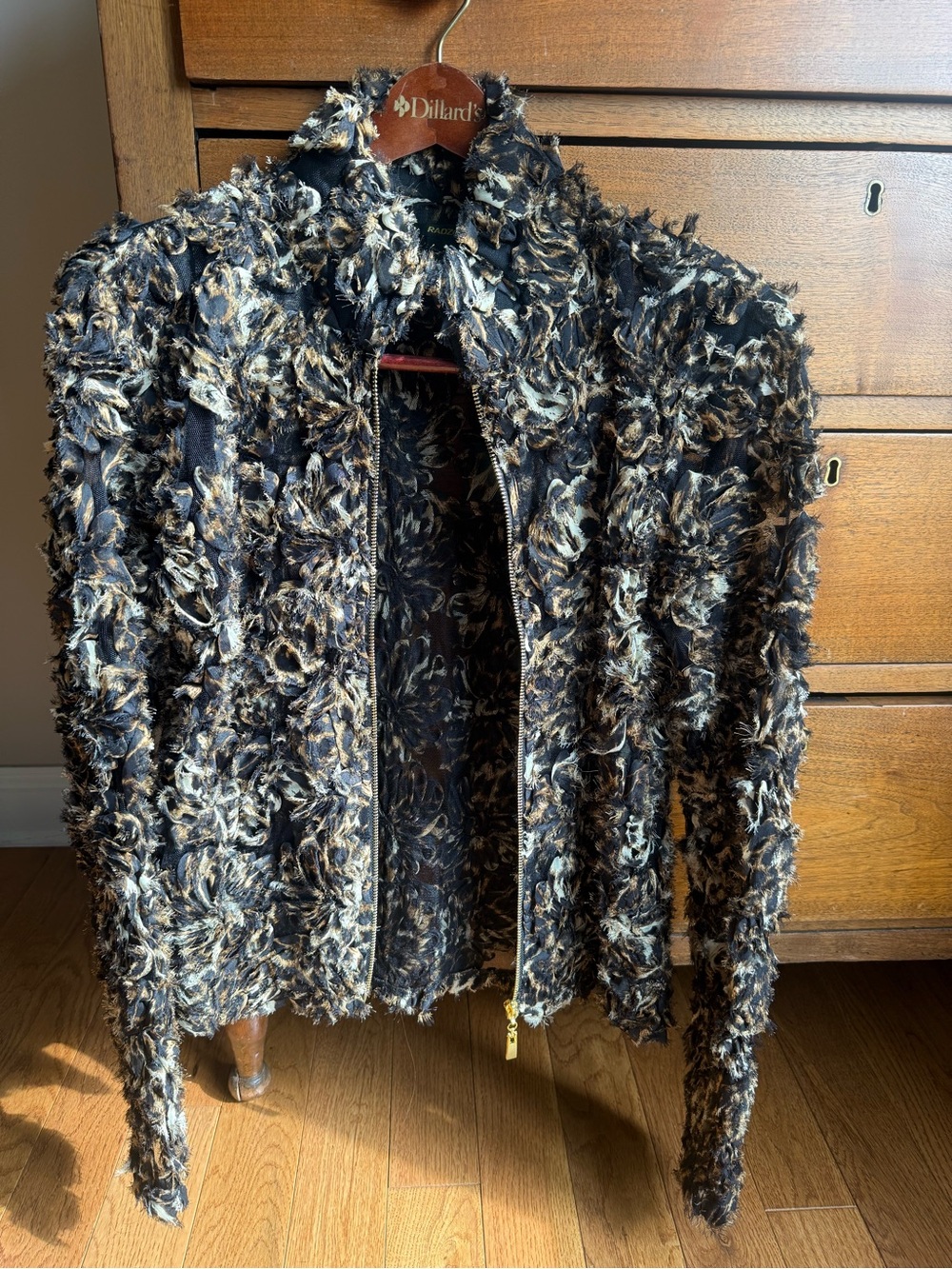 Radzoli Black and Cream Textured Zip-Front Teddy Jacket—recycled material.